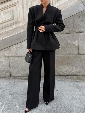 Chic Button Down Pleated Blazer and Wide-Leg Pants Suit Set
